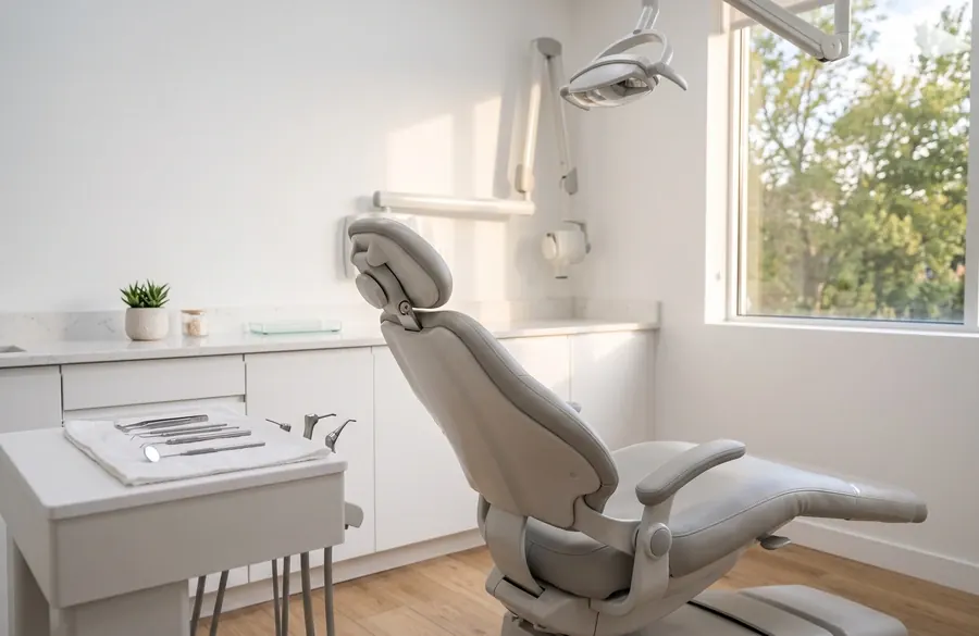 A dental treatment chair in a calm, softly lit room.