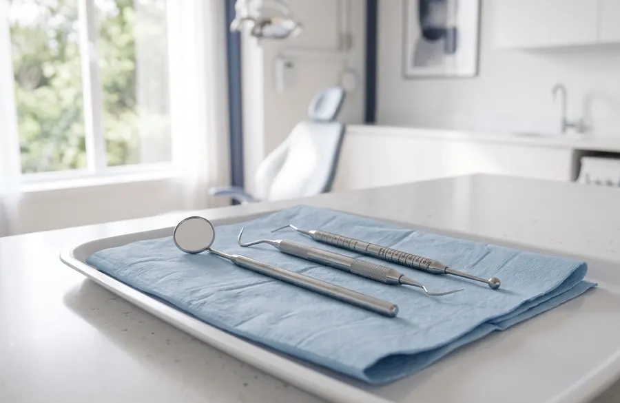 Dental examination instruments laid out on a tray.