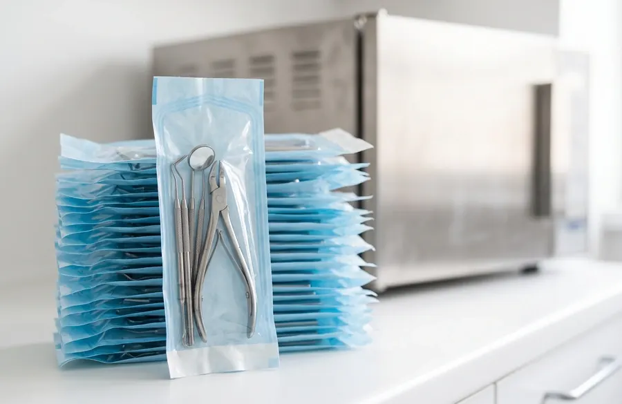 Sealed sterilization pouches of dental instruments.