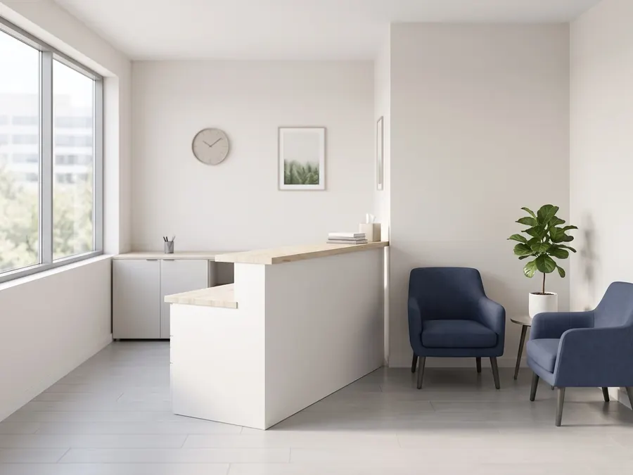 A bright, empty dental reception desk with a waiting area.