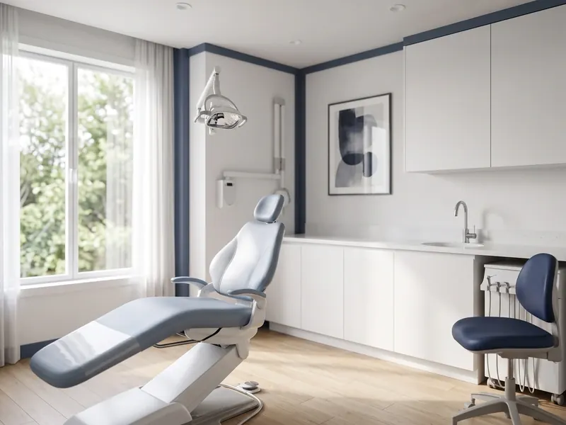 A bright, empty dental treatment room with a patient chair by the window.