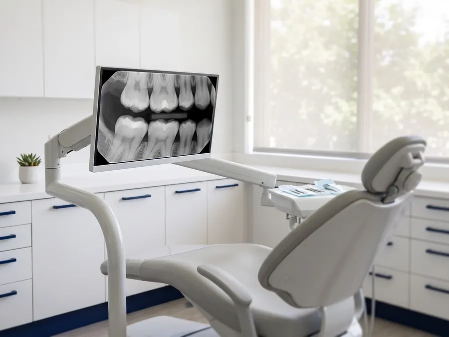 A digital dental x-ray displayed on a monitor beside a treatment chair.